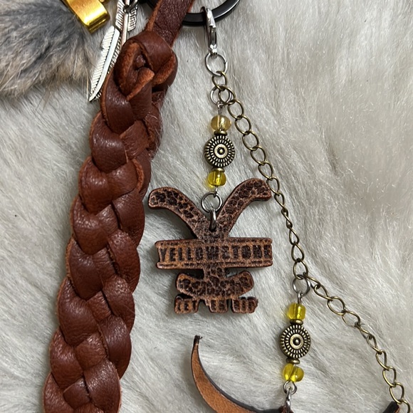 Fun and Unique Hand Crafted Leather and Feather Yellowstone Keychain with Charms - Picture 8 of 12